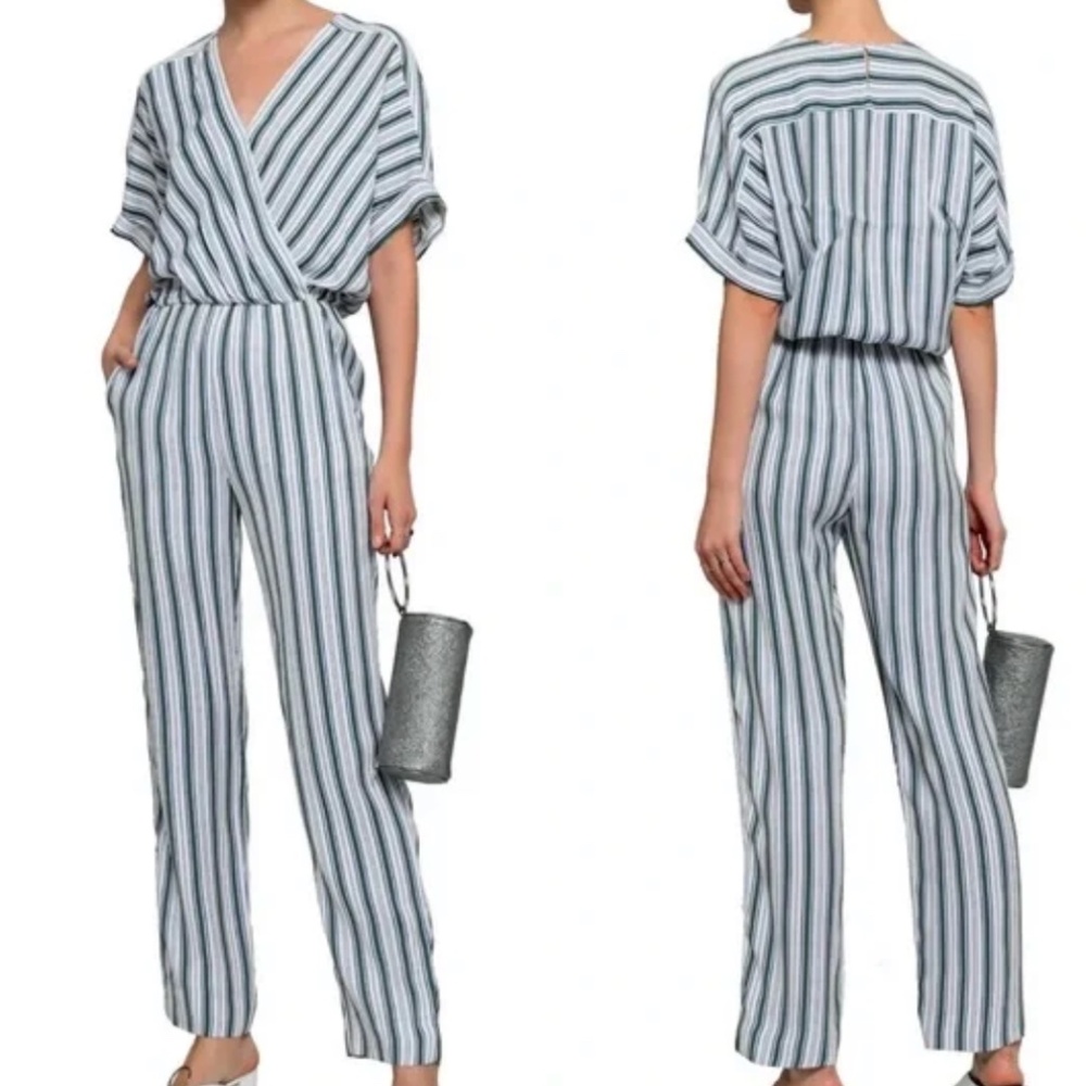 Maje Paris Pandora Striped Twill Relaxed Jumpsuit: Green/White/Blue